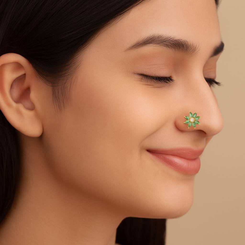 Green Cz Daisy Floral Design Nose Pin - Sterling Silver Gold Plated : NP-00087_925S_YG