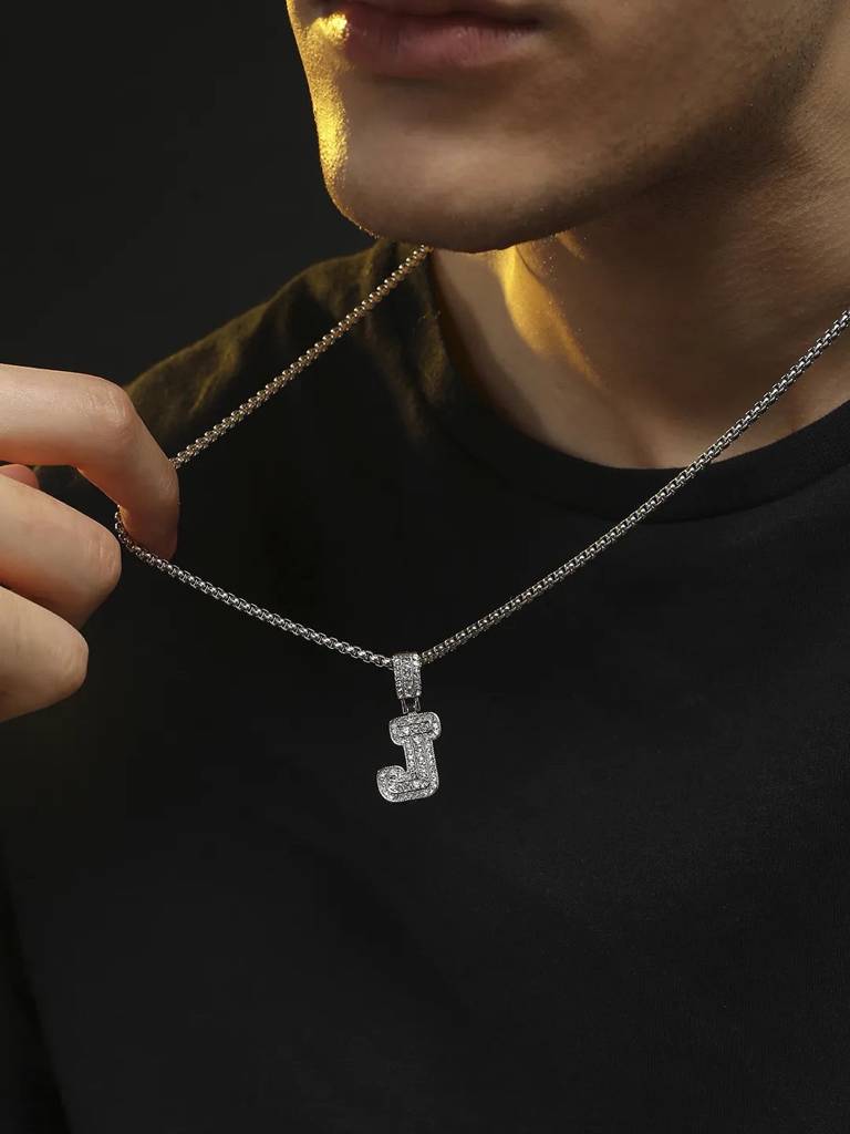 Men'S Embellished Alphabet Pendant Necklace - Silver : FANC1071-J