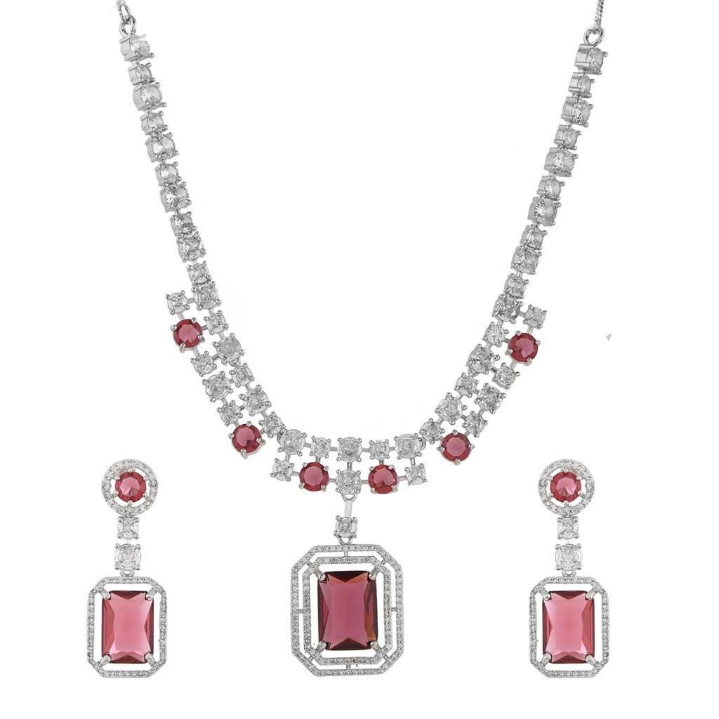 Sparkling Elegance Eternal Love Red American Diamond Necklace Set : 8905124541656