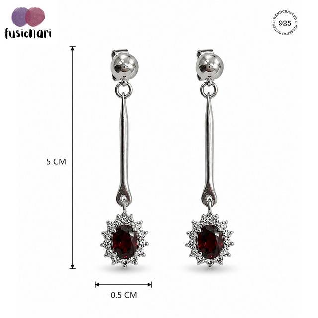 925 Sterling Silver Garnet Gemstone Long Drop Earrings With Floral Design : FU-1385