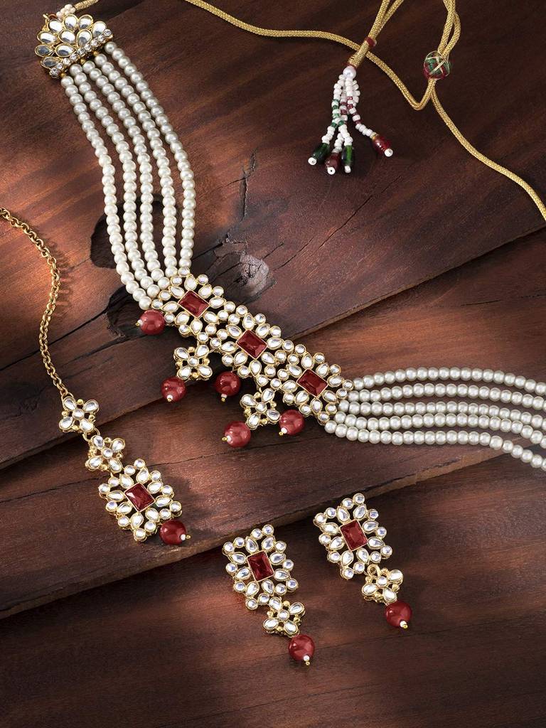 Gold Plated Pearl Beaded Adjustable Choker Necklace With Earring Maang Tikka Jewellery Set For Women : PF37N224WM