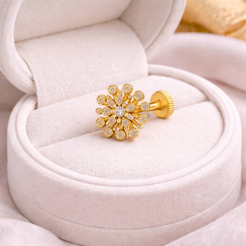 White Cz Floral Nose Pin 925 Sterling Silver Gold Plated : NP-00263