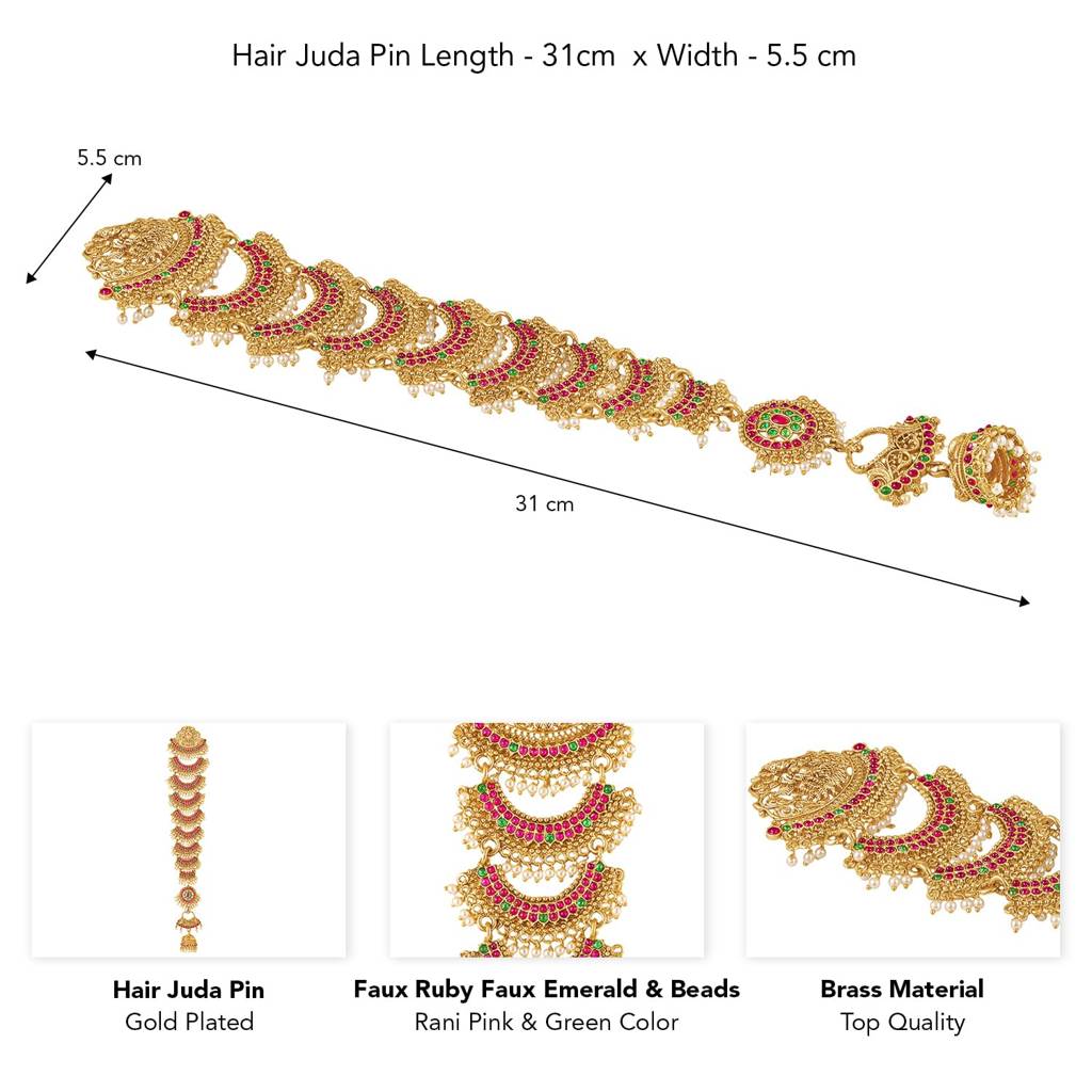 Gold Plated Faux Ruby Faux Emerald & Beads Studded Ethnic Hair Braid Juda Pin Jewellery For Women & Girls : PF47HJ04RPG