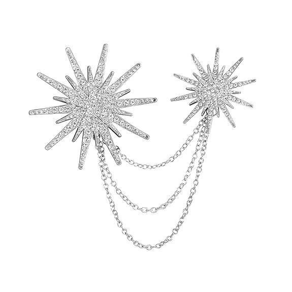 Silver Plated Cubic Zirconia Studded Twinkling Star Pattern Three Layer Chain Pin Brooch Elegant Jewellery For Men : PX9BH06S