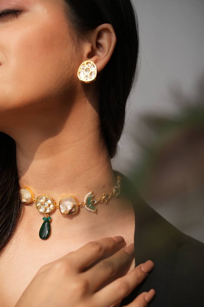 Riana Handmade Pachi Choker Set With Kundan Earrings : 1021NKS25RA