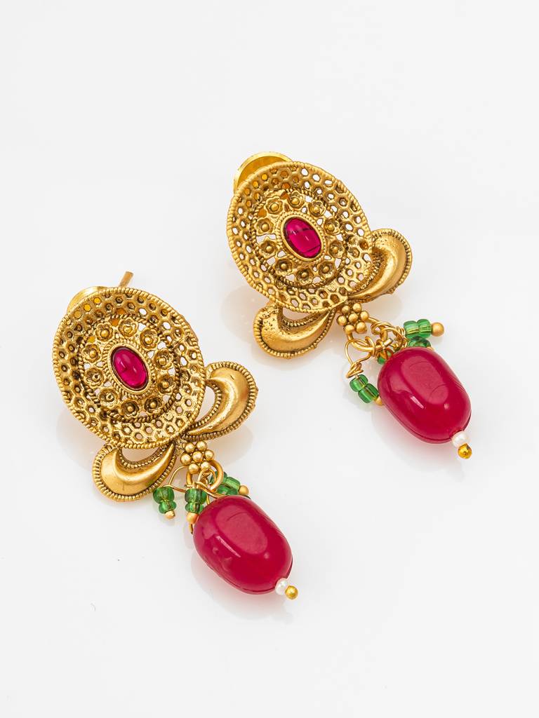 Wedding Special Antique Gold-Plated Choker Necklace Set With Earrings With Emerald And Pearl : NK4202