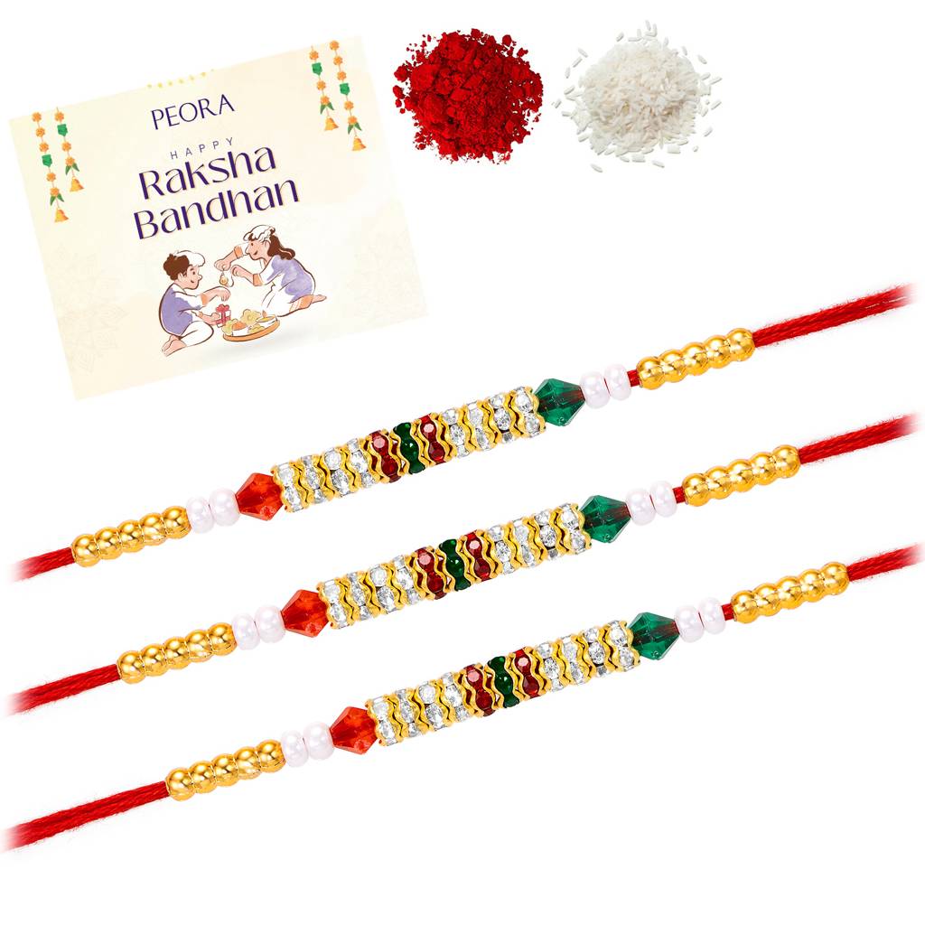 Rakhshabandhan Thread Rakhi For Brother Bhaiya Crystal & Beads Studded Red White Set Of 3 Rakhi Hamper Roli Chawal : R07C18-S3