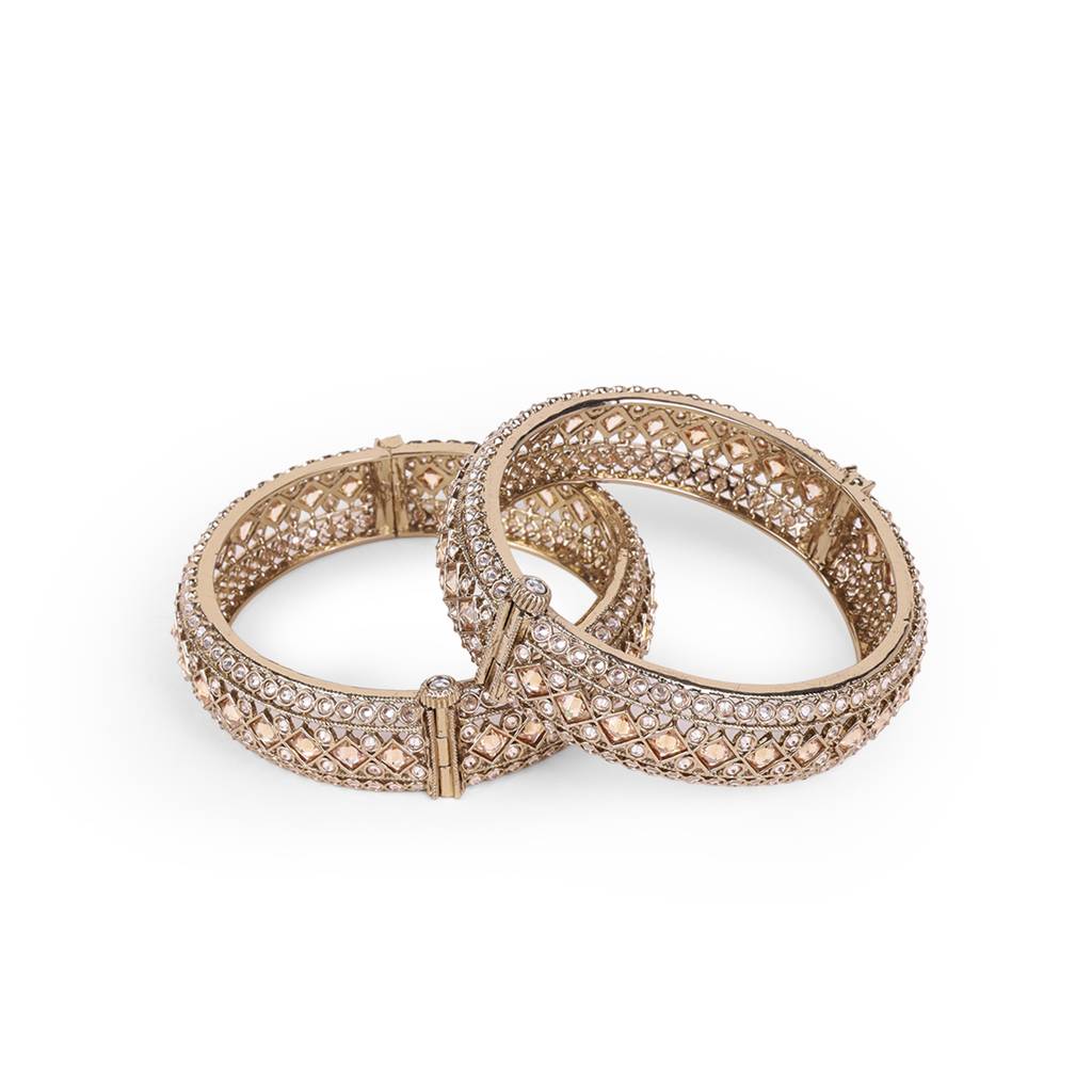 Incredible Rectangle Crystal Antique Gold Plated Set Of 2 Openable Bangles For Women : 6BG317_210