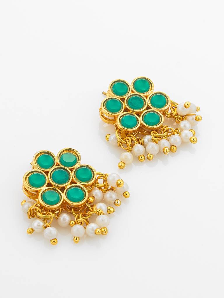 Gold Plated Green Floral Kundan Necklace Set With Pearls : NK4897