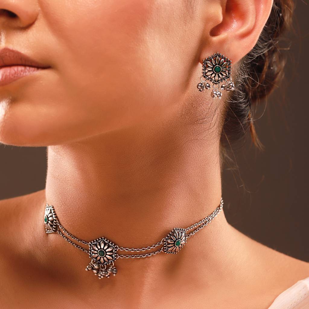 Phulwari Harini Oxidised Floral Choker Necklace Set : 8905124580242