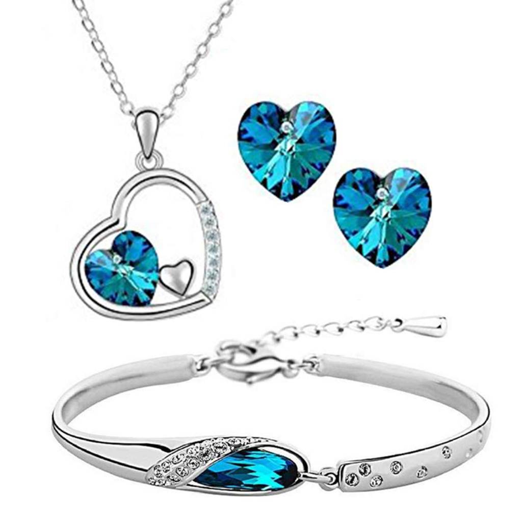 Ocean Blue Heart Shape Austrian Crystal Pendant Set With Elegant Earrings And Bracelet For Girls Women : PFCS6