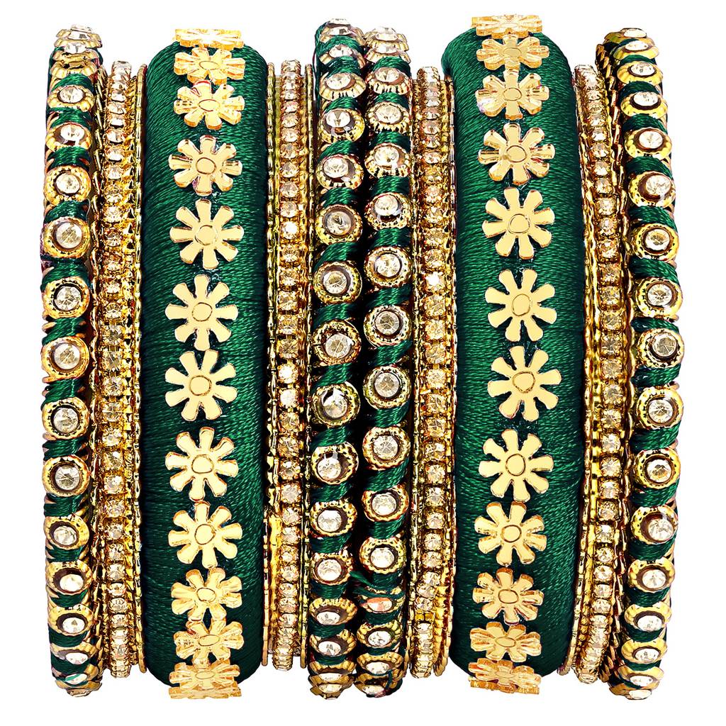 Peora Stone Studded 2.6 Inch Dark Green Silk Thread Bangles Set Ethnic Fashion Jewellery Navratri Gift For Women : PF51B78DG