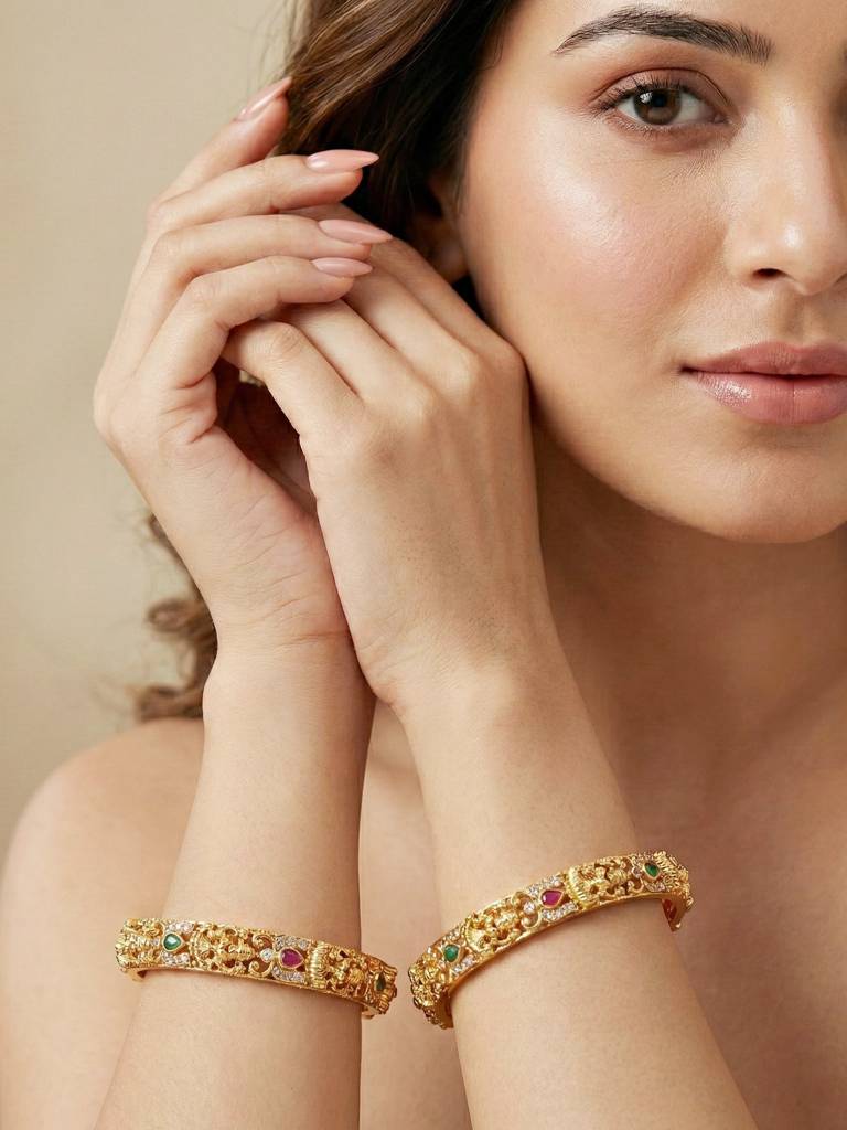 Gold Plated Laxmi Ji Temple Design Ad Bangle For Women With Pink & Green Stones | Traditional South India : 837-C1BG-2205-2-24