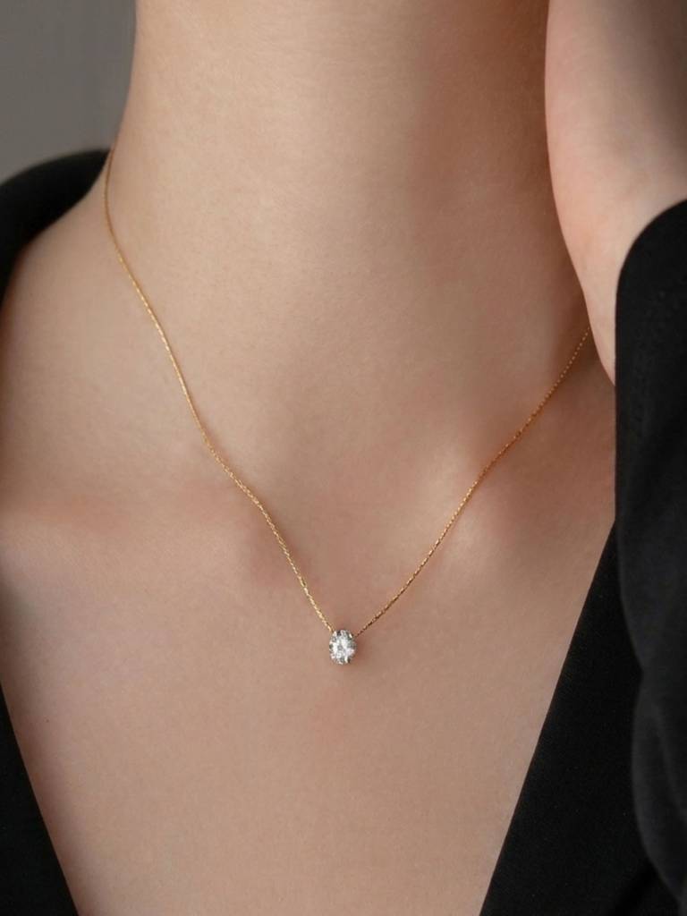 Minimal Single Zircon Thin Chain Necklace 18K Plated Anti-Tarnish : AHM0126N713G
