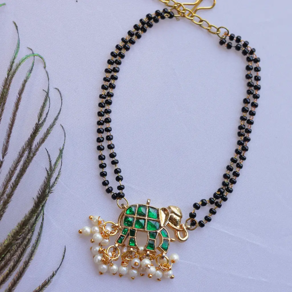 Handcrafted Double Layer Black Bead Hand Mangalsutra With Kundan & Meenakari Elephant Charm- Green : MS-ELE-03