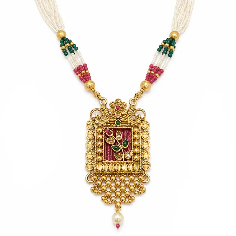 Gold Plated Ruby Enamel Necklace Set With Earrings For Women | Ethnic Jewellery : OSLFJ-005-IGRB-NKER