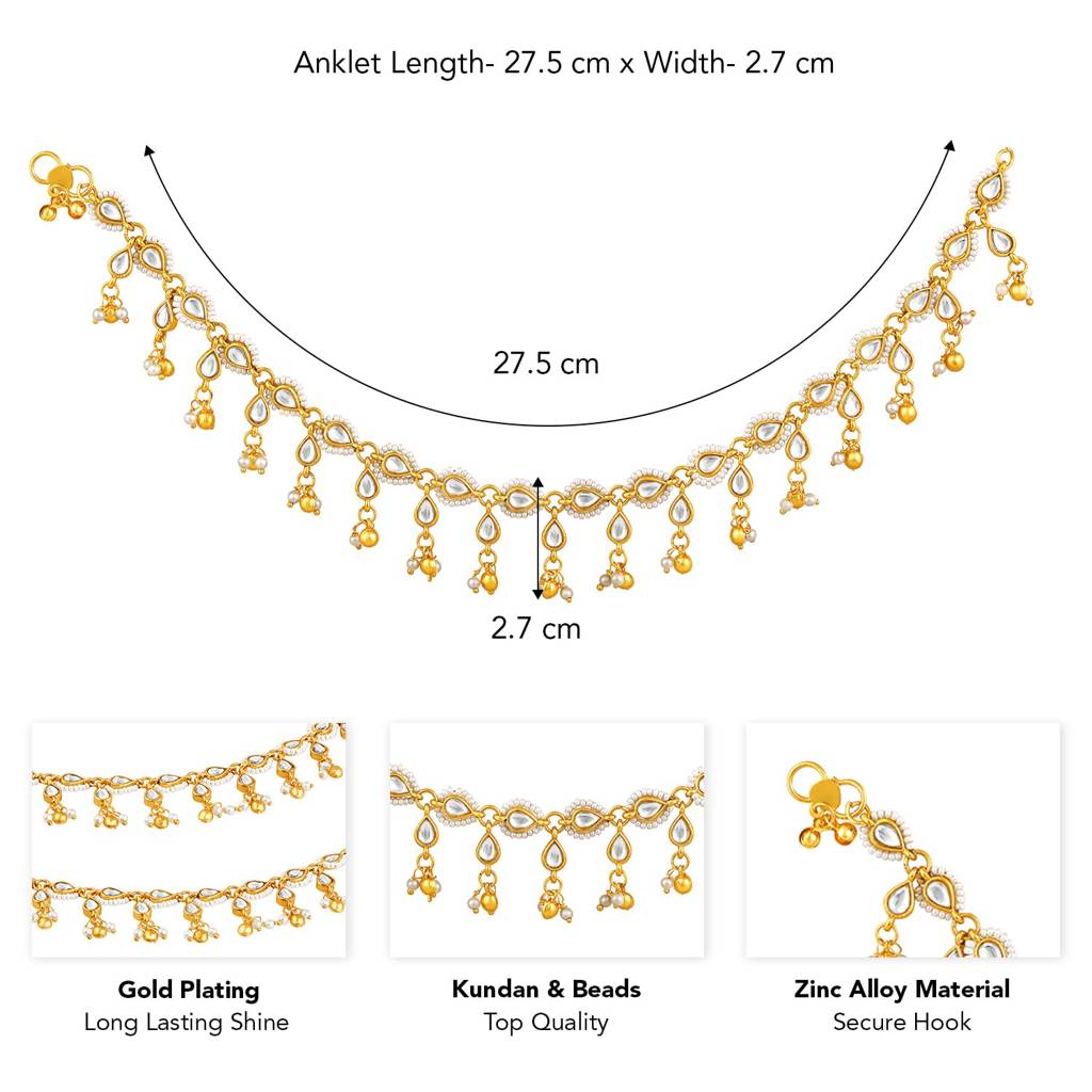 Gold Plated White Kundan & Beads Studded Ethnic Anklet Traditional Payal Jewellery For Women : PF104AL03W