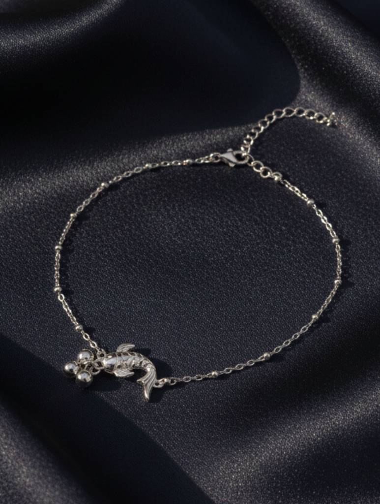 925 Sterling Silver Koi Fish Anklet With Silver Beads : SILANKCH026