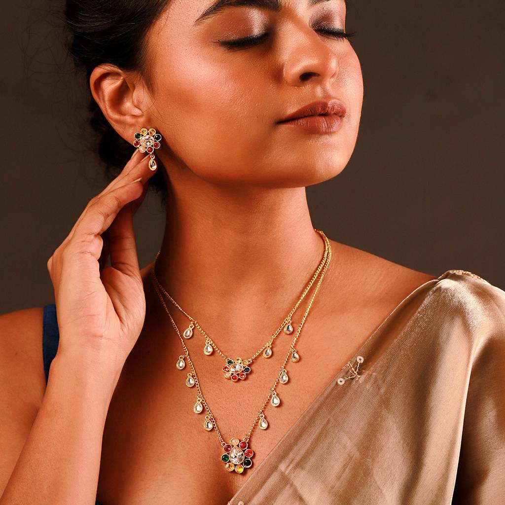 Navratna Rainbow Royals Layered Collar Necklace Set : 8905124570779