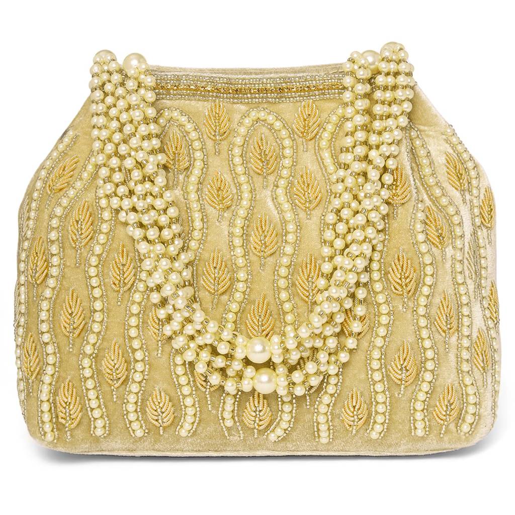 Golden Embellished Potli Bag For Women With Multistrand Beads Handles Stylish Ethnic Wristlet Bag For Girl & Women : P199G-F