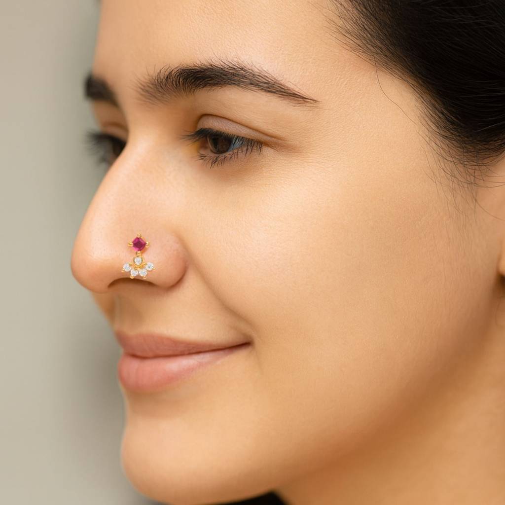 Red Cz Cluster Nose Pin - Sterling Silver Gold Plated : NP-00193_925S_SW277_YG_RCZWCZ