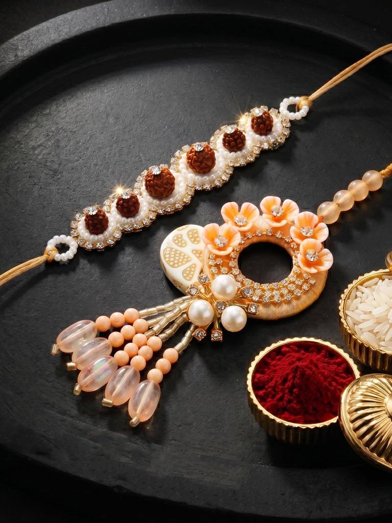 Designer Bhaiya Bhabhi Rakhi Set | Peach Floral Dangling Lumba & Traditional Brown Beaded Rakhi : 192-S7R1-PJ6605-PH