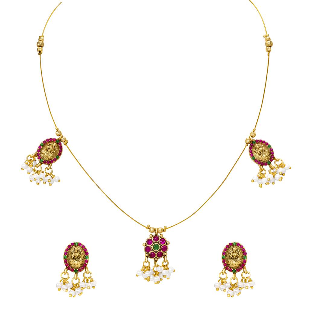 Women'S Gold Plated Ethnic Necklace Earrings Set Faux Ruby Emerald Lariya Studded Festive & Bridal Jewellery Anni : PF47N75RPG