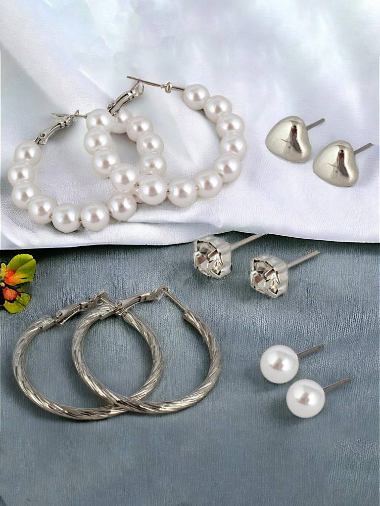 5 Pairs Combo Earrings- Silver Plated Heart Studs And Hoops : 210-CHEX-1189-S-5