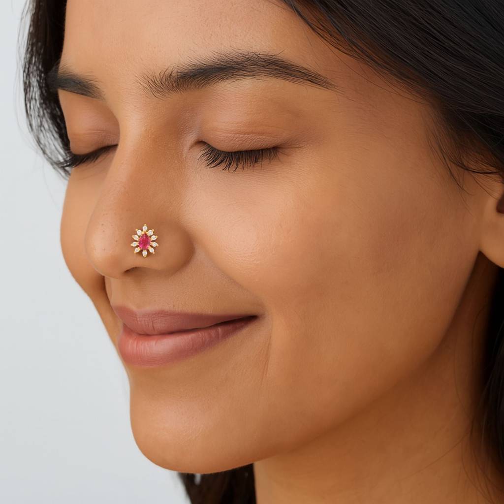 Teardrop Halo Nose Pin - Sterling Silver Gold Plated : NP-00083_925S_YG_REDCZ
