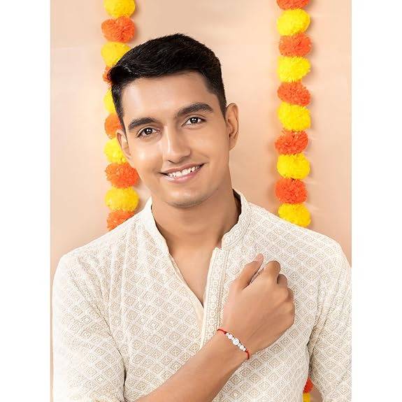 Mens 925 Sterling Silver Pearls Studded Thread Rakhi For Brother Bhaiya|Raksha Bandhan Hamper With Roli Chawal Greeti : R18S12