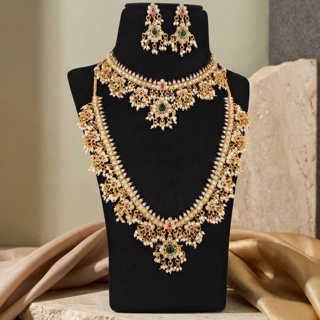 Exquisite Indian Ethnic Gold Plated 2-Piece Choker And Long Necklace Set With Pearl Tassels & Matching Earr : 2063-ISR-2302-RG