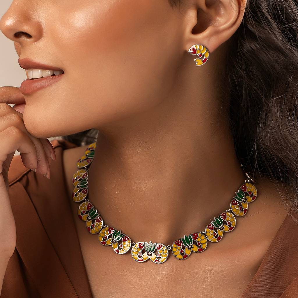 Madhubani Kamala Katha Oxidised Enamel Necklace Set : 8905124560879