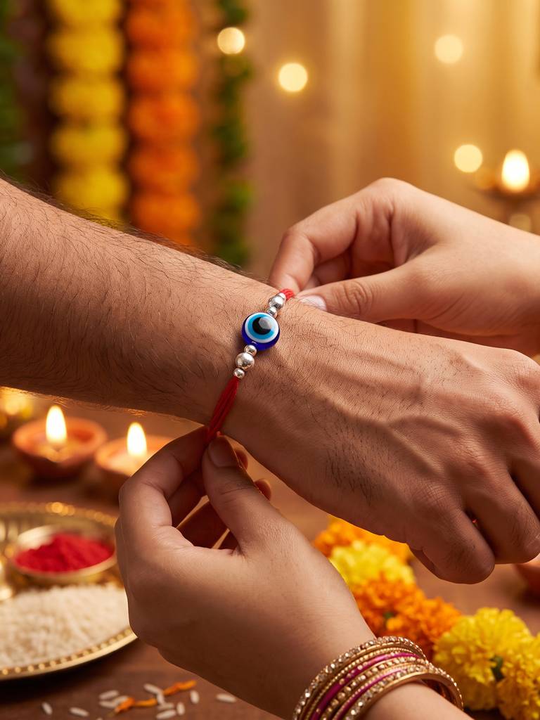 Silver Evil Eye Bead Rakhi : BFRA509