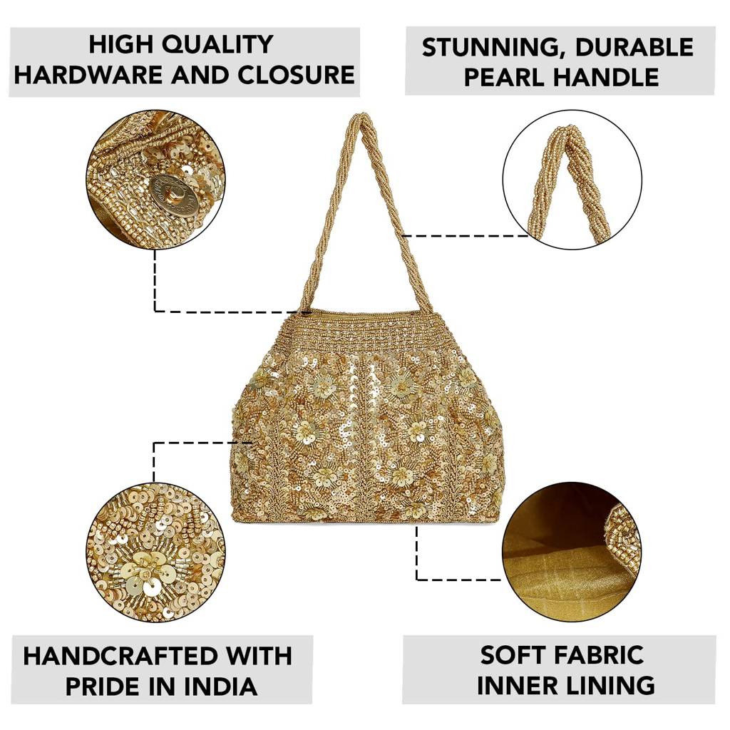 Gold Potli Bag For Women Handmade Evening Wristlet Handbag Stylish Bridal Purse Fashion Bag For Girls (P134G) : P134G