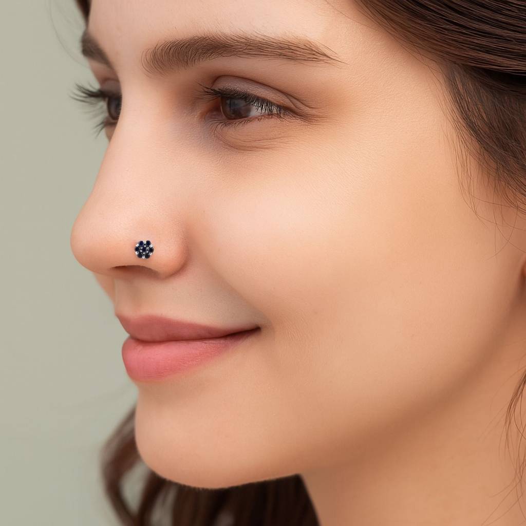 Blue Sapphire Floral Cluster Nose Pin - Sterling Silver : NP00019_925S_OX_BSA