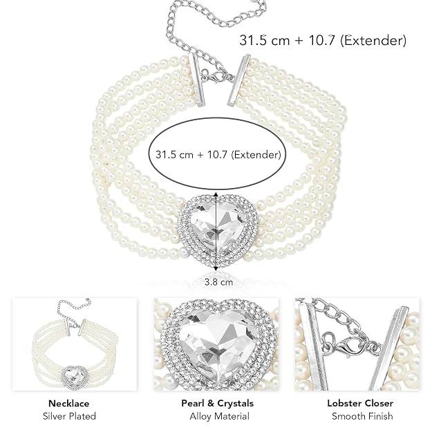 Silver Plated Pearl Cz & Crystal Studded Heart Shaped Choker Necklace Stylish Fashion Jewellery For Women & Girls : PX9N222W