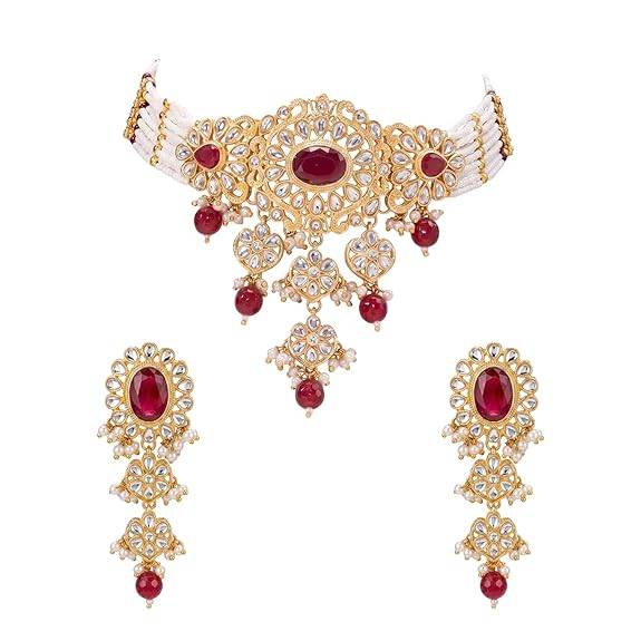Gold Plated Ethnic Rani Pink Necklace Earrings Set For Women | Faux Ruby Kundan & Beads Studded | Festive & Brida : PF108N07RP