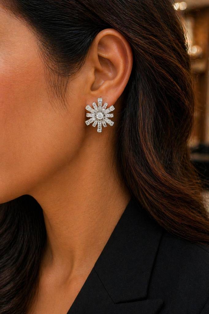 Premium Baguette Diamond Setting Cocktail Statement Party Stud Earrings For Women : 100026