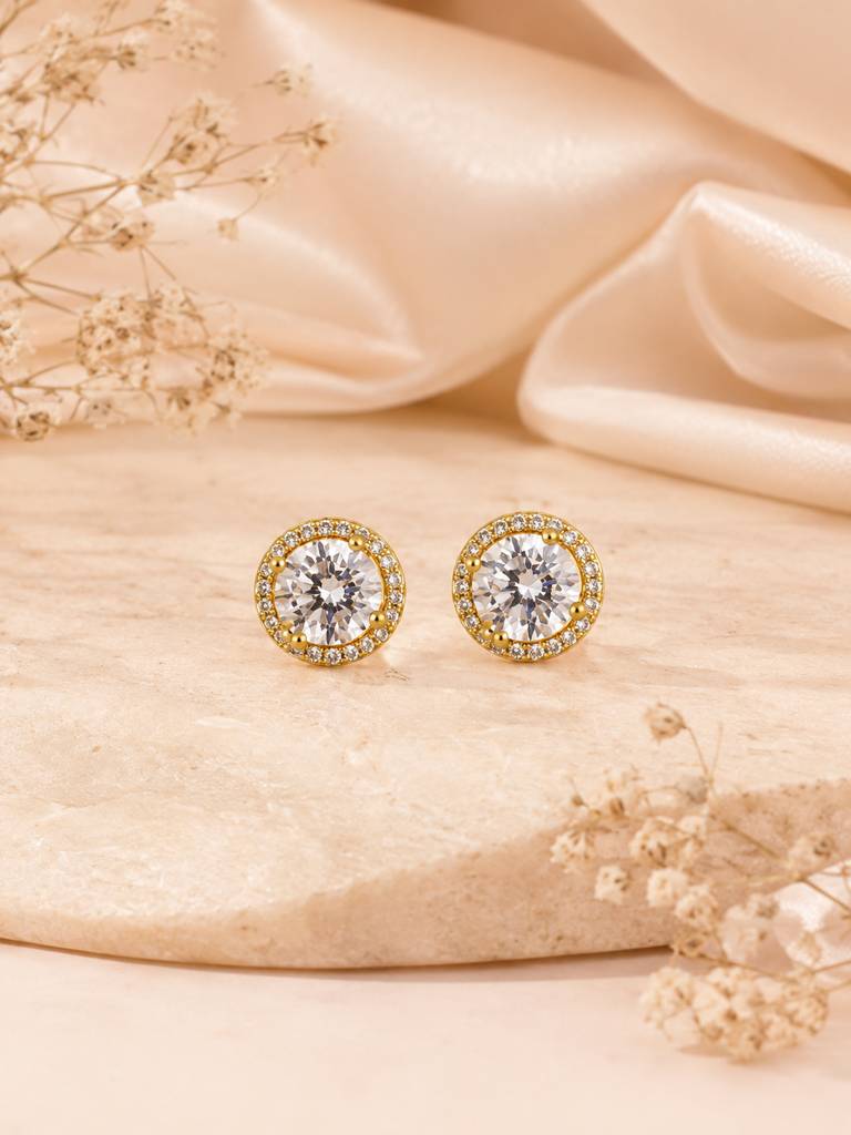 Round Halo Cz Stud Earrings In 18K Gold Plating : AN-VM-GO-0138-DE