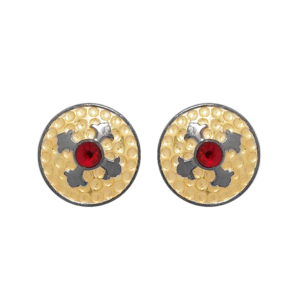 Red Stone Adorned Floral Motif Engraved Round Studs In Shining Black And Gold Finish : 8907275956884
