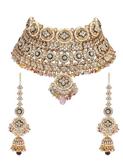 Gold Plated Ethnic Necklace Earrings Set For Women | Kundan & Beads Studded | Festive & Bridal Maharani Jewellery : PF108N02ML