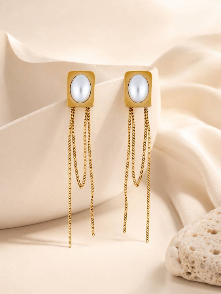 Pearl Chain Drop Earrings : AN-LJ-GO-0061-DE