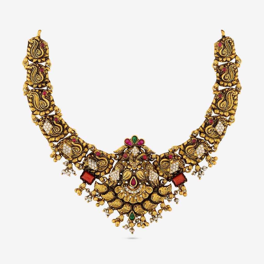 Ruby-Green-Coral Oxidised Gold - Plated Bridesmaid Temple Necklace - 456636 : 456636