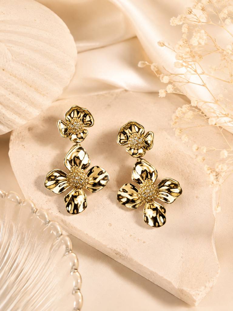 Bold Golden Floral Drop Earrings : AN-LJ-GO-0085-DE