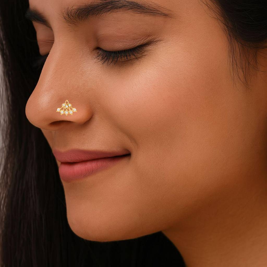White Cz Lattice Floral Fan Nose Pin - Sterling Silver Gold Plated : NP00046_925S_W_WCZ