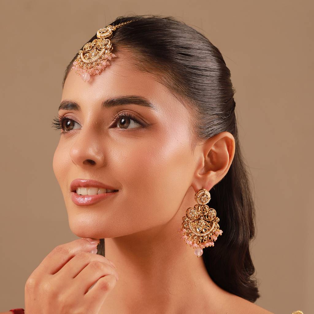Pearl Elegance Light Pink Cz Yellow Gold-Plated Dangler & Maangtika Set : 8905124582369