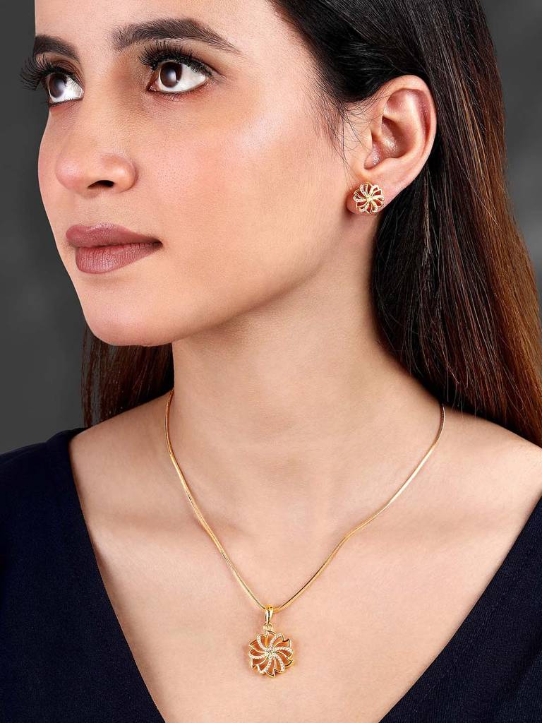 Peora Cubic Zirconia Studded Floral Pendant Chain & Stud Earrings Western Stylish Jewellery Set Gift For Women : PF54PS46G