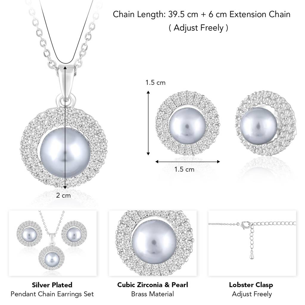 Silver Plated Cubic Zirconia & Pearl Studded Pendant Chain Earrings Set Contemporary Jewellery For Women : PF5PS30S