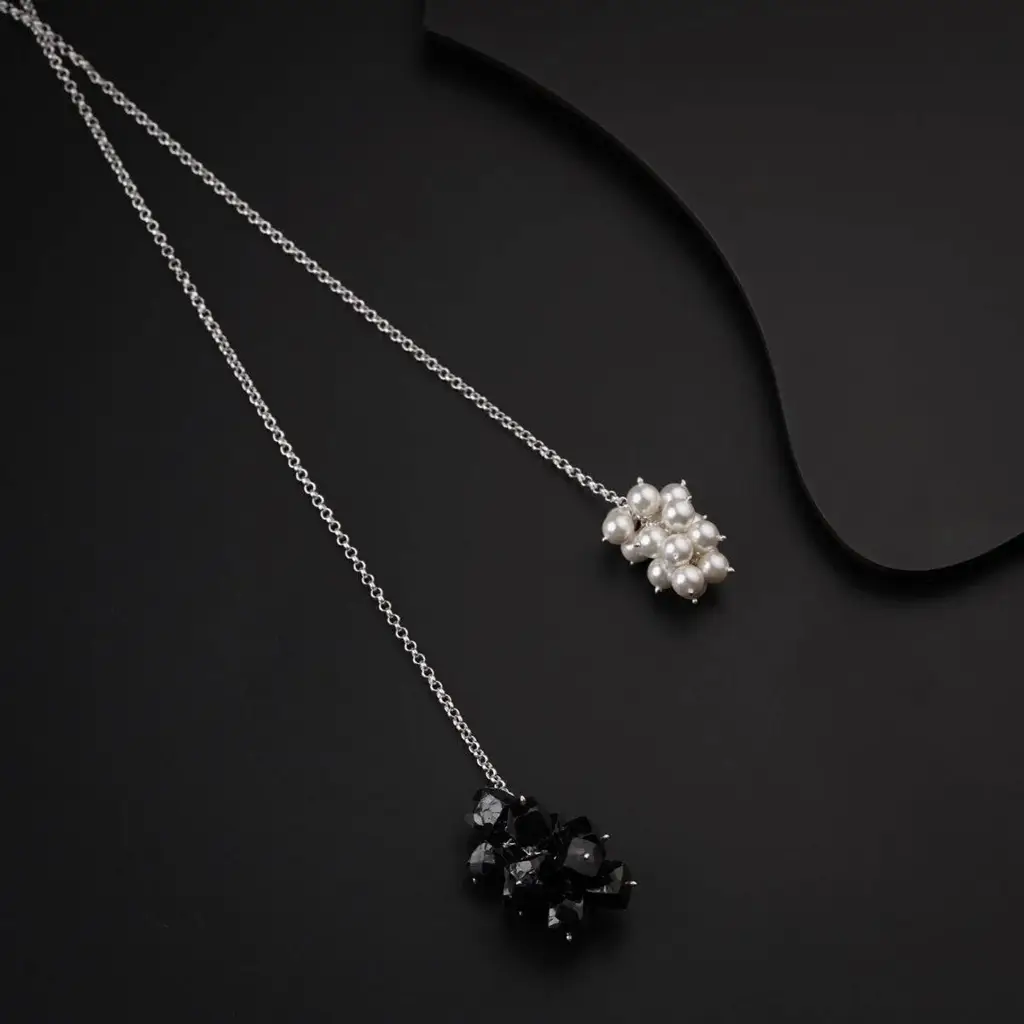 Silver Tie & Wear Necklace With Pearls & Black Onyx : 26632087