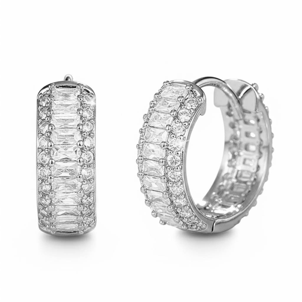 Silver Plated Baguette Stone & Cubic Zirconia Studded Fancy Stylish Hoop Earrings Jewellery For Women & Girls : PX9E3151S